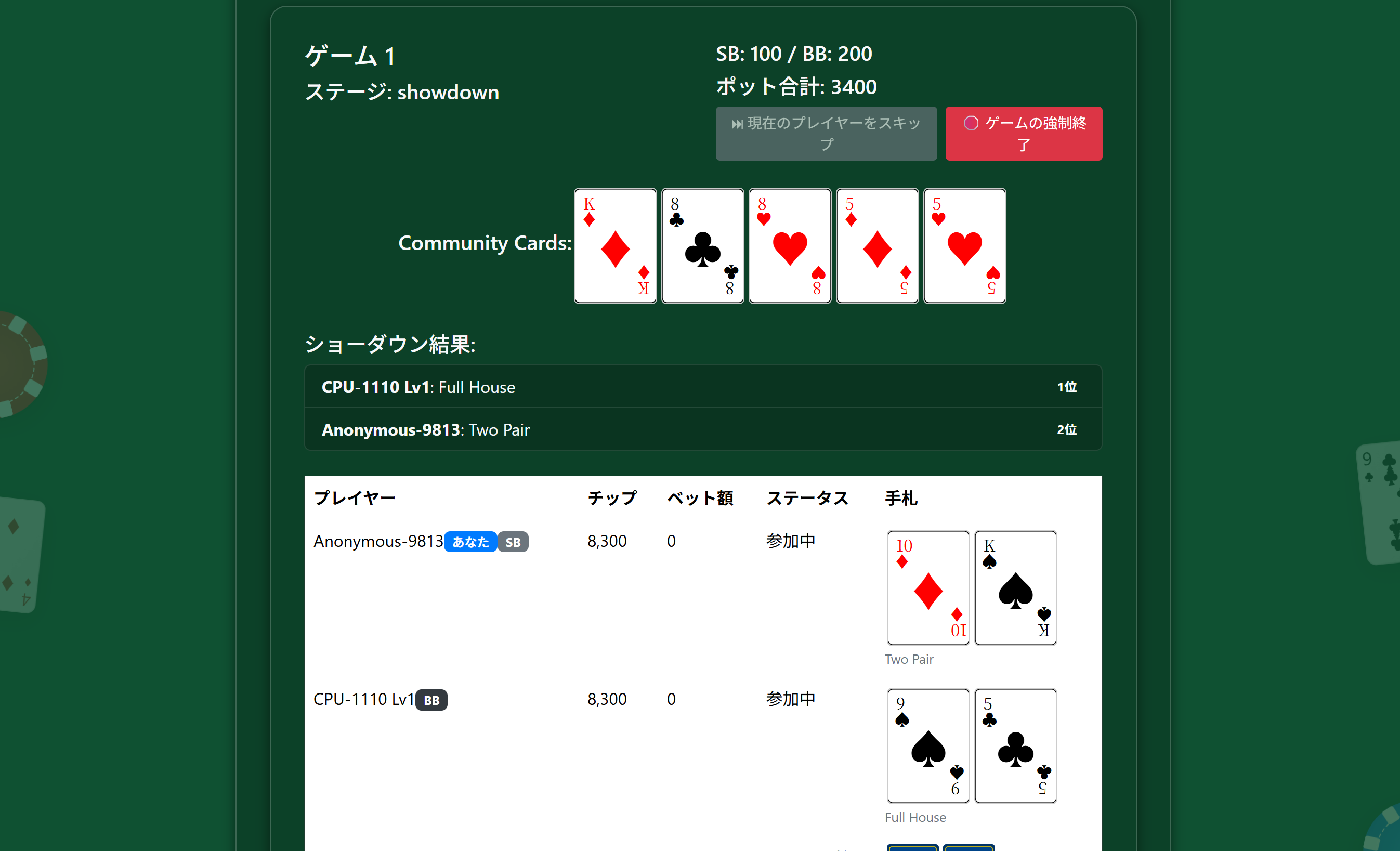 ショーダウン画面
